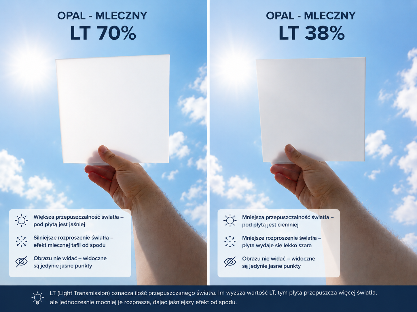 Porównanie poliwęglanu opal mleczny LT 38% i LT 70% w słoneczną pogodę